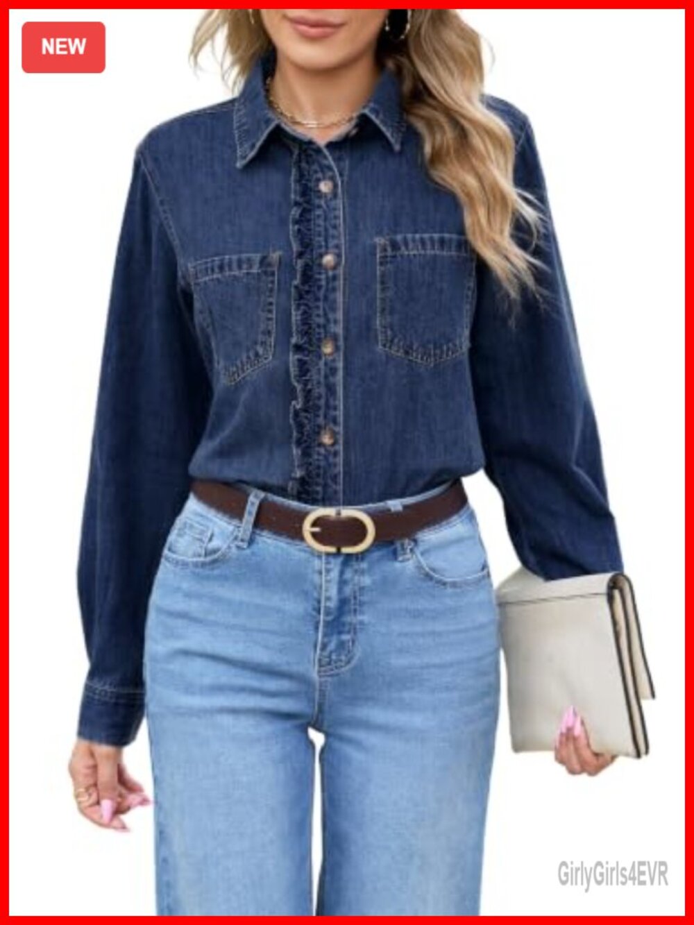 Ruffle Trim Button Down Denim Shirt Long Sleeve Cotton Blend Casual Top